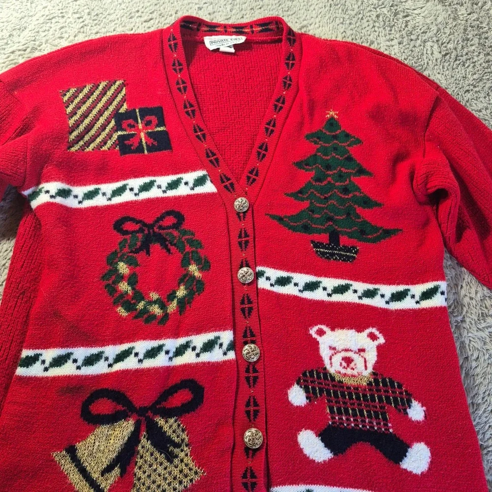 Private Eyes Vtg Christmas Cardigan Womens‎ Holiday Ugly Sweater Estimated L/XL